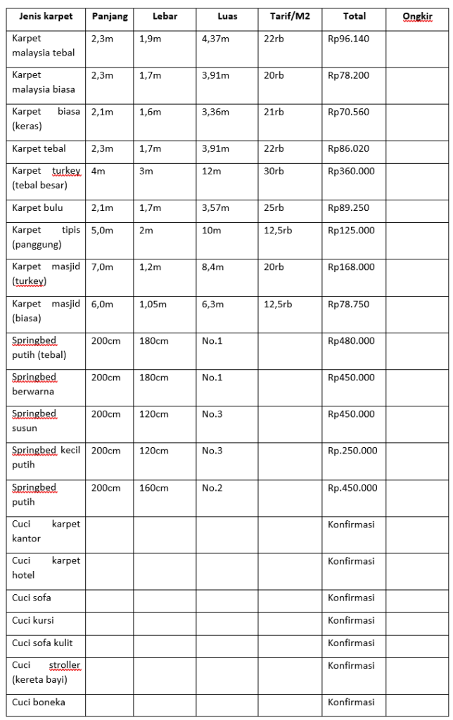 Daftar harga cuci jasa cucikarpet di kota Makassar dan sekitarnya